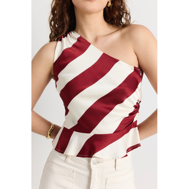 Fiction Plum Stripe Satin One Shoulder Top