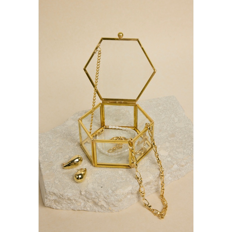 Glass with Gold Trim Large Hexagonal Jewellery Boxes