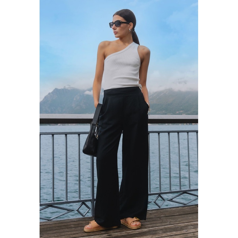 Guardian Black Linen Viscose Elastic Back Pants