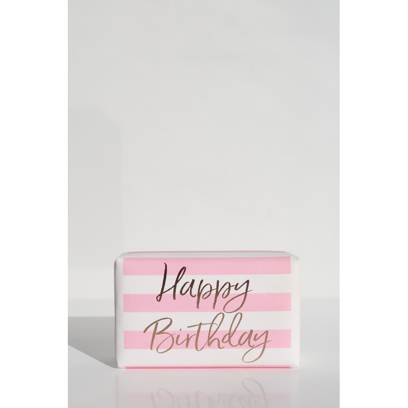 Happy Birthday Pink White Stripe Gold Script Soap