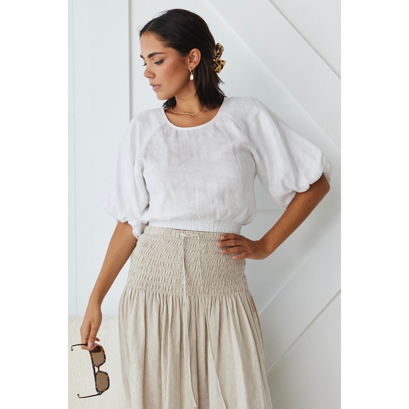Matty White Linen Puff Sleeve Crop Top