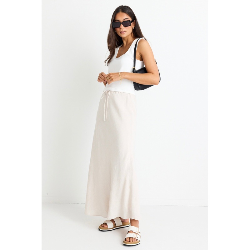 Summit Natural Linen Blend Tie Waist Bias Maxi Skirt