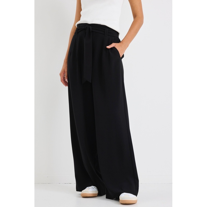 Sydney Black Crepe Wide Leg Tie Belt Pant
