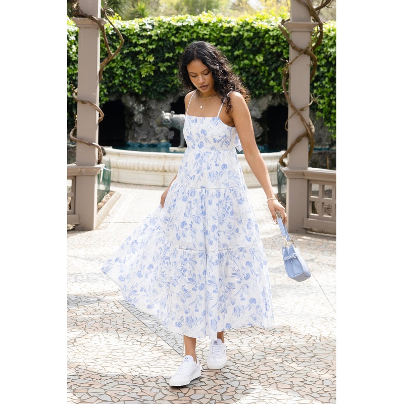 Universe Blue Floral Tie Back Tiered Strappy Maxi Dress