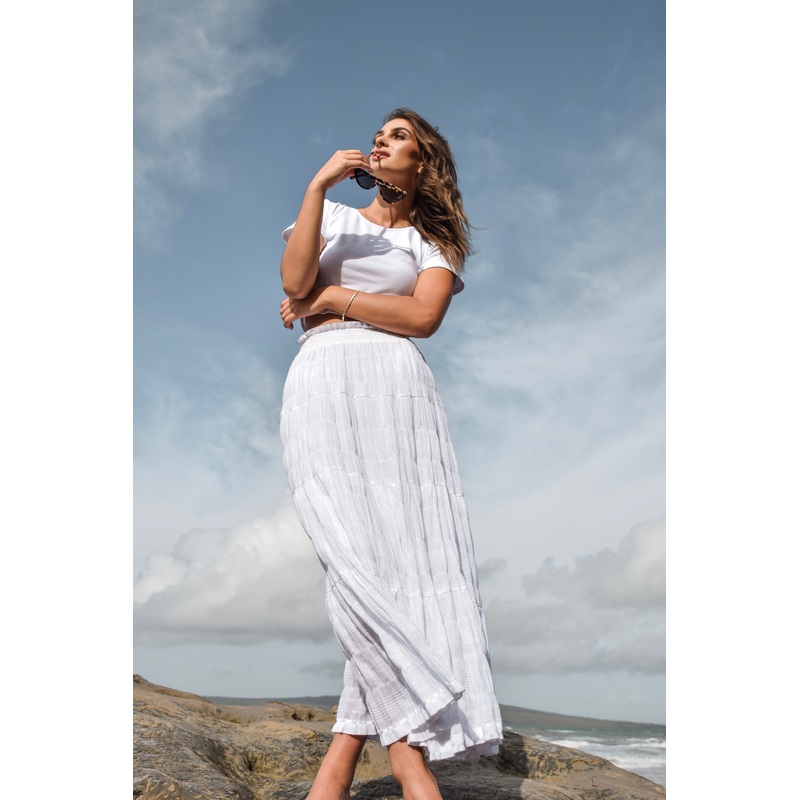 Charming White Cotton Shirred Tiered Maxi Skirt