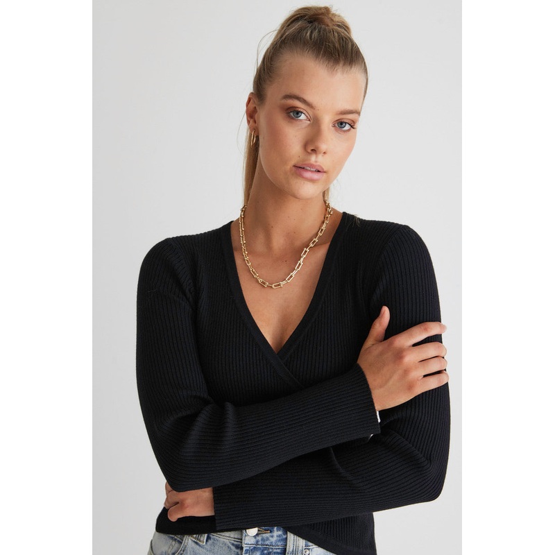 Criss-Cross Black Wrap Rib Knit Top