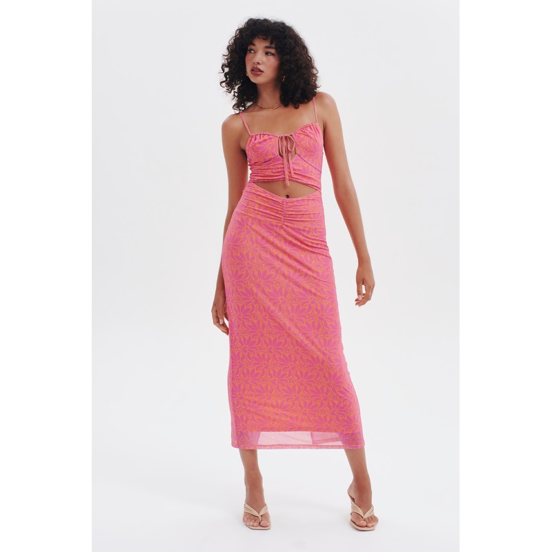 Desire Pink Palm Mesh Midi Dress