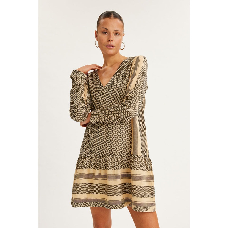 Dress 2V Beige Pattern LS Mini Dress