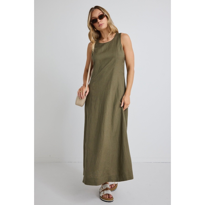 Easygoing Soft Khaki Linen Blend Sleeveless Crew Neck Midi Dress