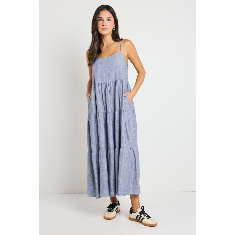 Eden Chambray Blue Strappy Tiered Midi Dress