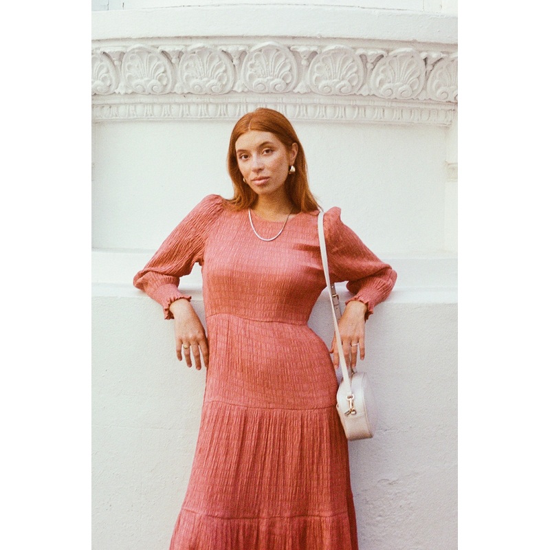 Effortless Clay LS Shirred Tiered Maxi Dress