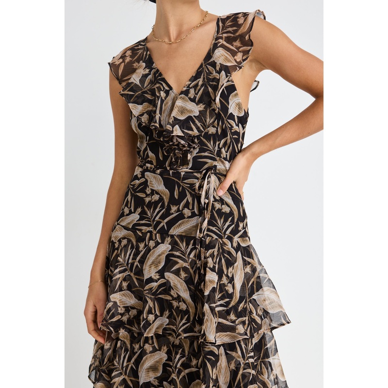 Everly Golden Black Floral Flutter Sleeve Tiered Maxi Dress