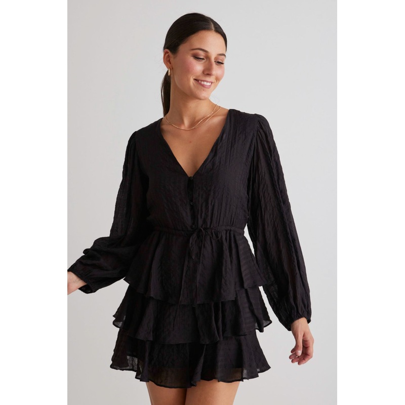 Evita Black LS V Neck Mini Tiered Dress