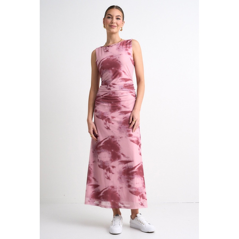Fast Pink Smudge Mesh Boat Neck Sleeveless Maxi Dress
