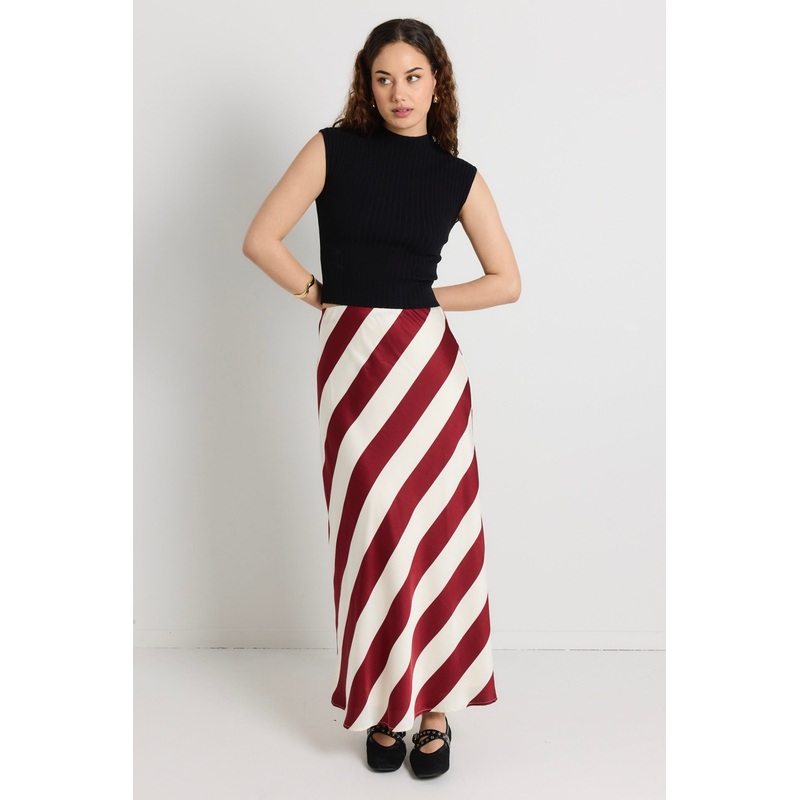 Fiery Plum Stripe Satin Bias Maxi Skirt
