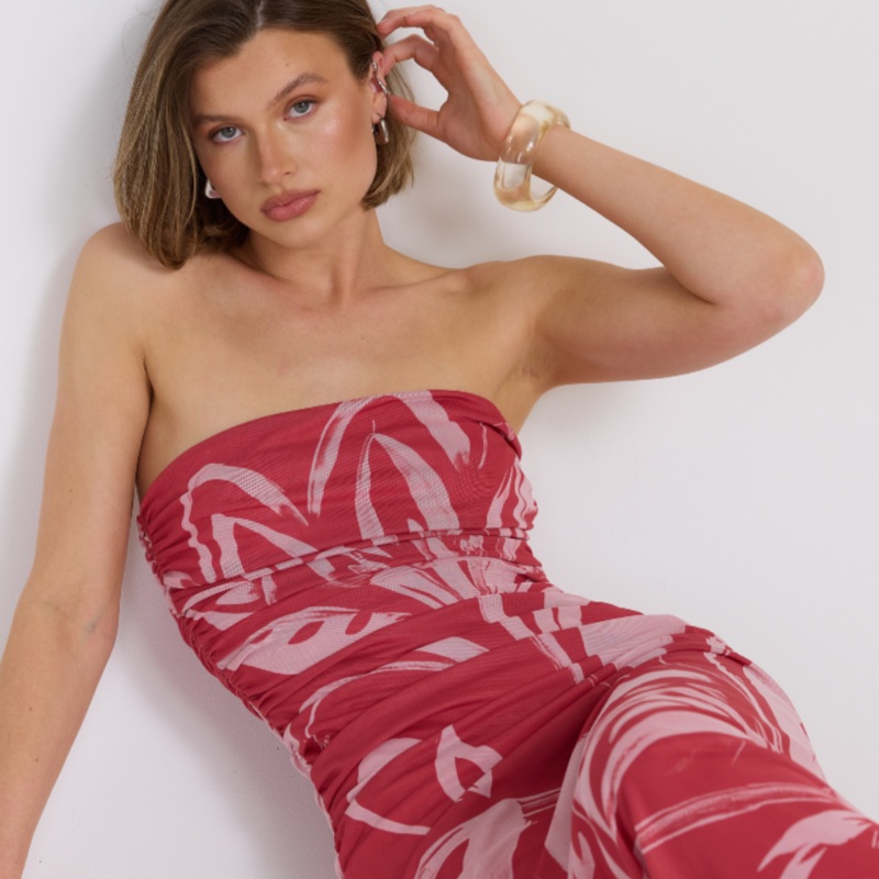 Flora Pink Hibiscus Strapless Mesh Maxi Dress