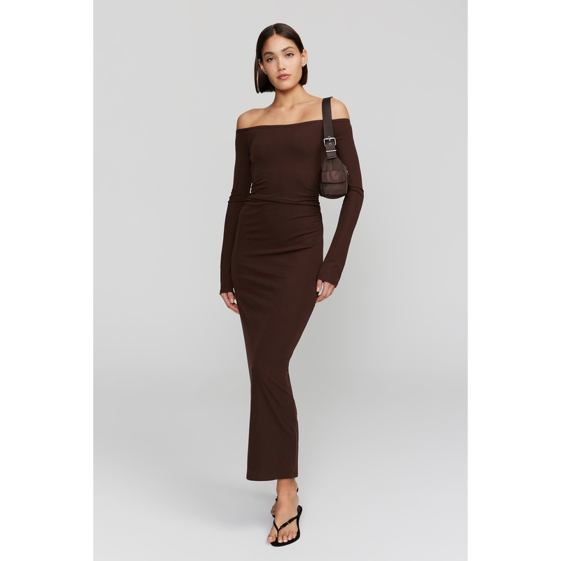 Frankie Carob LS Off Shoulder Midi Dress