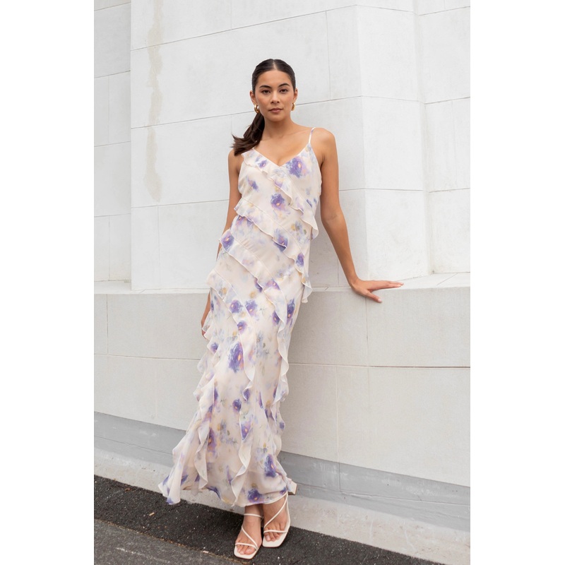 Galore Peach Blue Floral Bias Ruffle Slip Maxi Dress
