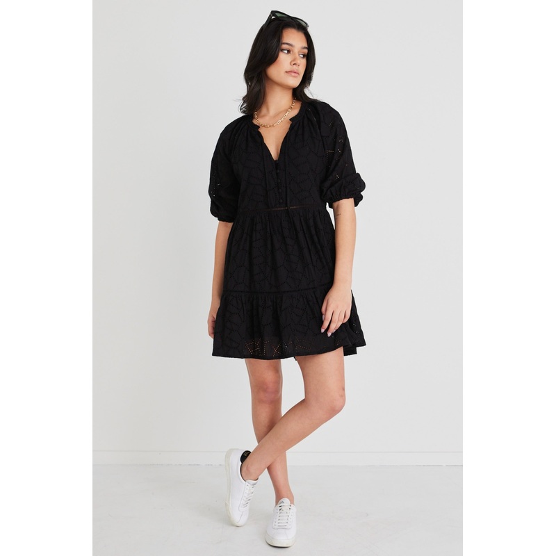 Gemini Black Broiderie Balloon Sleeve Tiered Mini Dress