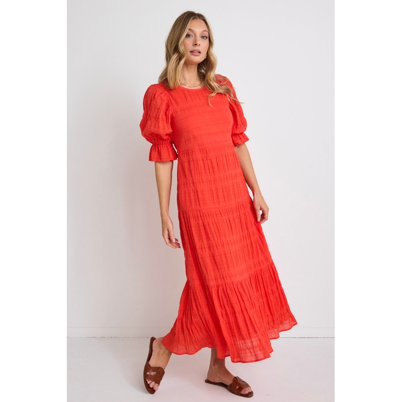 Gratitude Blood Orange Bubble SS Tiered Maxi Dress