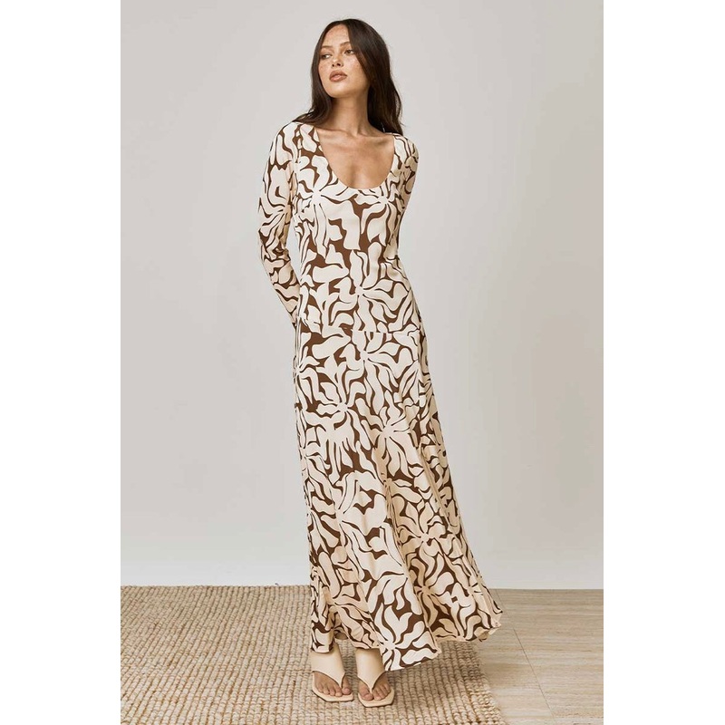 High Tide Coffee Print LS Midi Dress