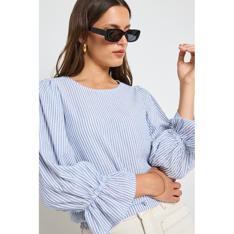 Imagine Blue Stripe Shirred Back LS Top