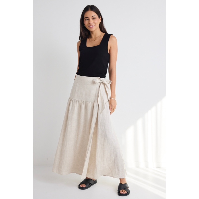 Impact Natural Linen Tiered Wrap Maxi Skirt