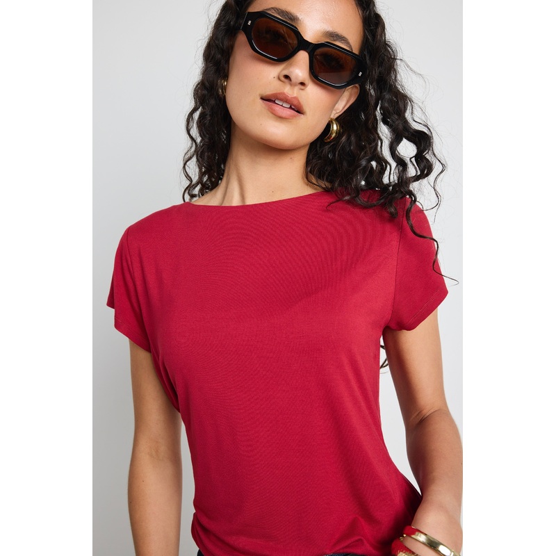 Impartial Plum Cap Short Sleeve Boat Neck Top