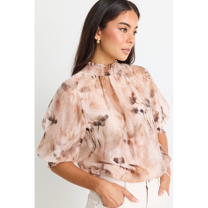 Influential Chocolate Faded Floral Shirred Neck SS Top