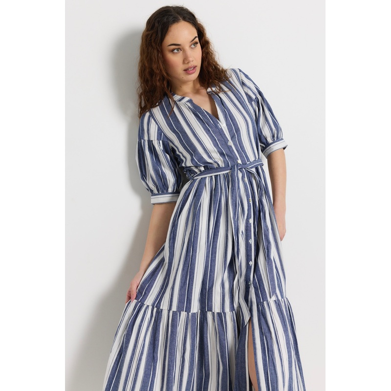 Insight Navy Stripe Balloon Sleeve Midi Shirt Dress