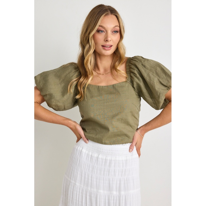 Lily Light Khaki Linen Puff Sleeve Top