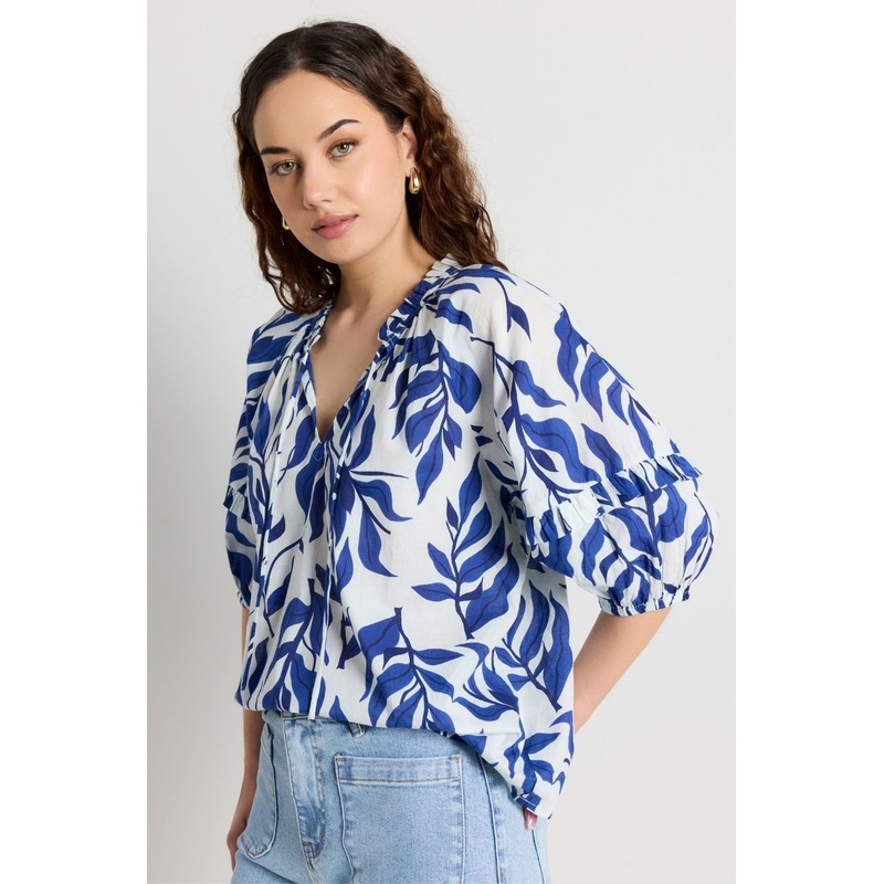 Luminary Blue Porcelain Print V Neck Short Sleeve Top