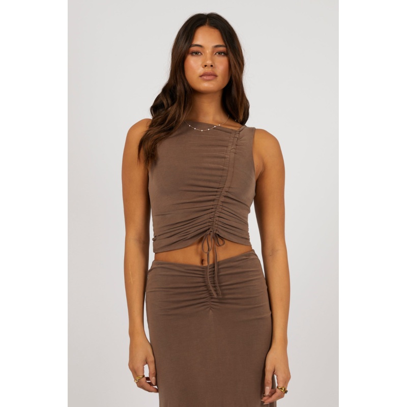 Luxe Brown Ruched Front Tie Tank