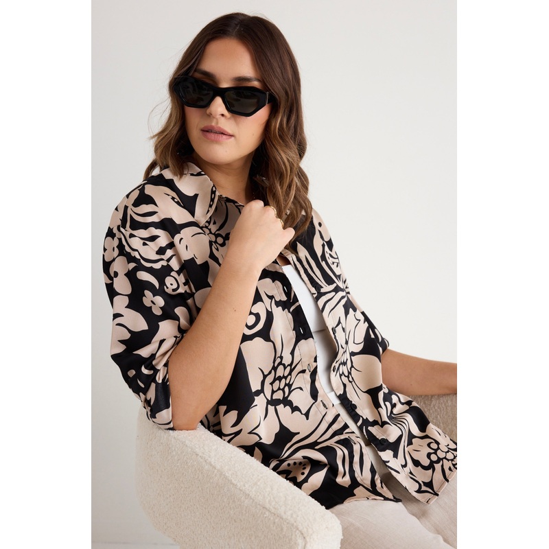 Luxuriate Black Baroque Satin Oversized Shirt