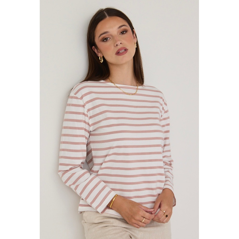 Maple Blush Stripe Boatneck LS Tee