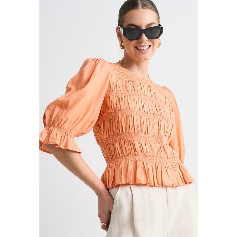 Melodic Apricot Short Sleeve Linen Shirred Bodice Top