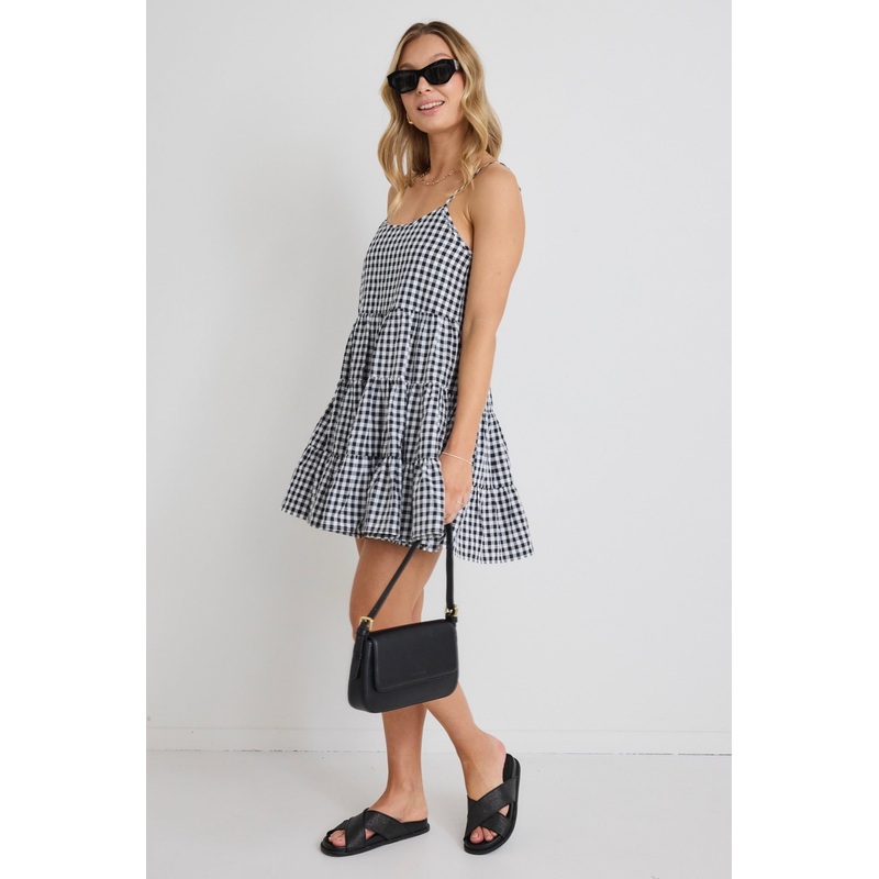 Memphis Black Gingham Strappy Tiered Mini Dress