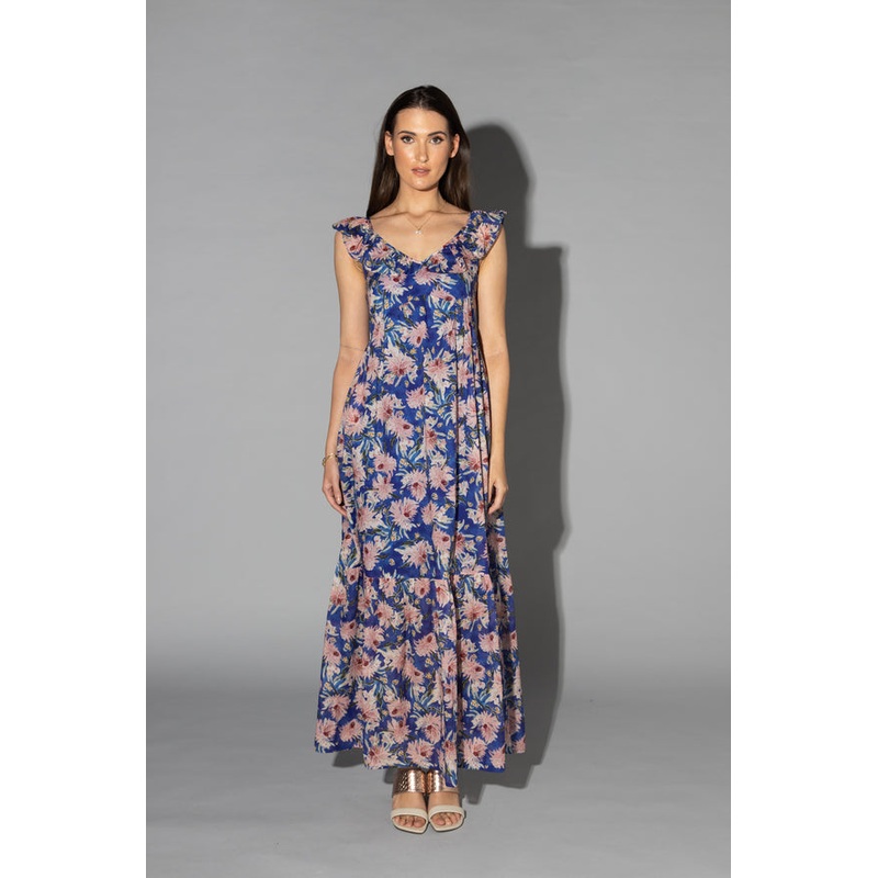 Midsummer Navy Tiered Cyan Flower Maxi Dress