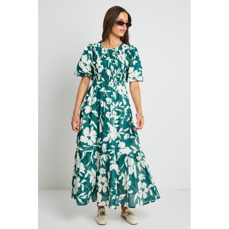 Milano Forest Floral Puff Sleeve Tiered Maxi Dress