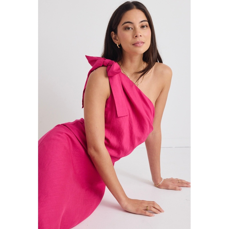 Mirror Hot Pink Linen Blend One Shoulder Bow Midi Dress
