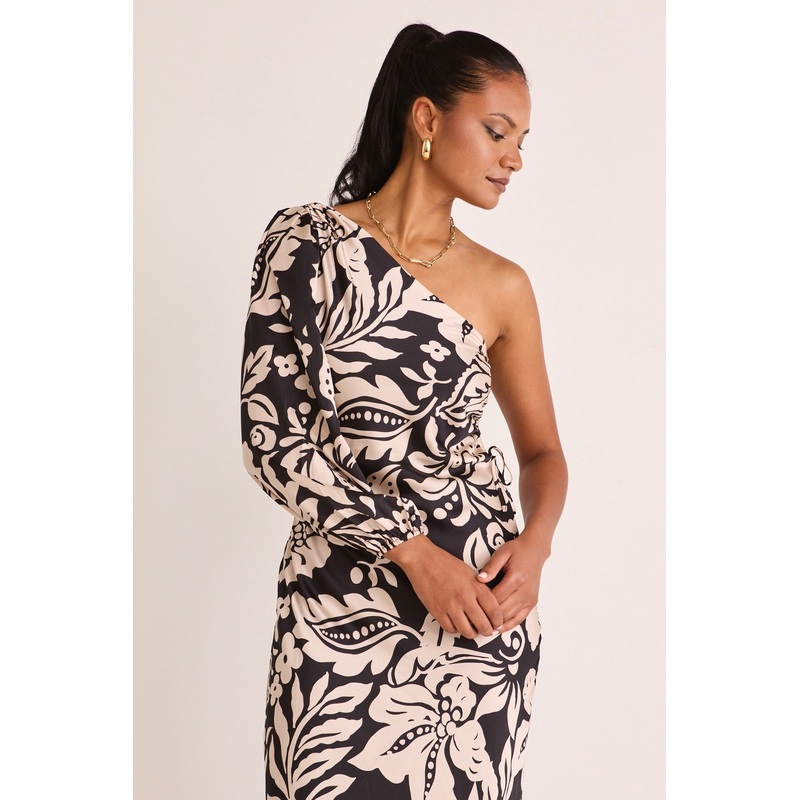 Mythical Black Baroque One Shoulder LS Midi Dress