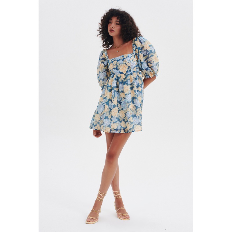 New Sky Blue Floral Puff Sleeve Mini Dress