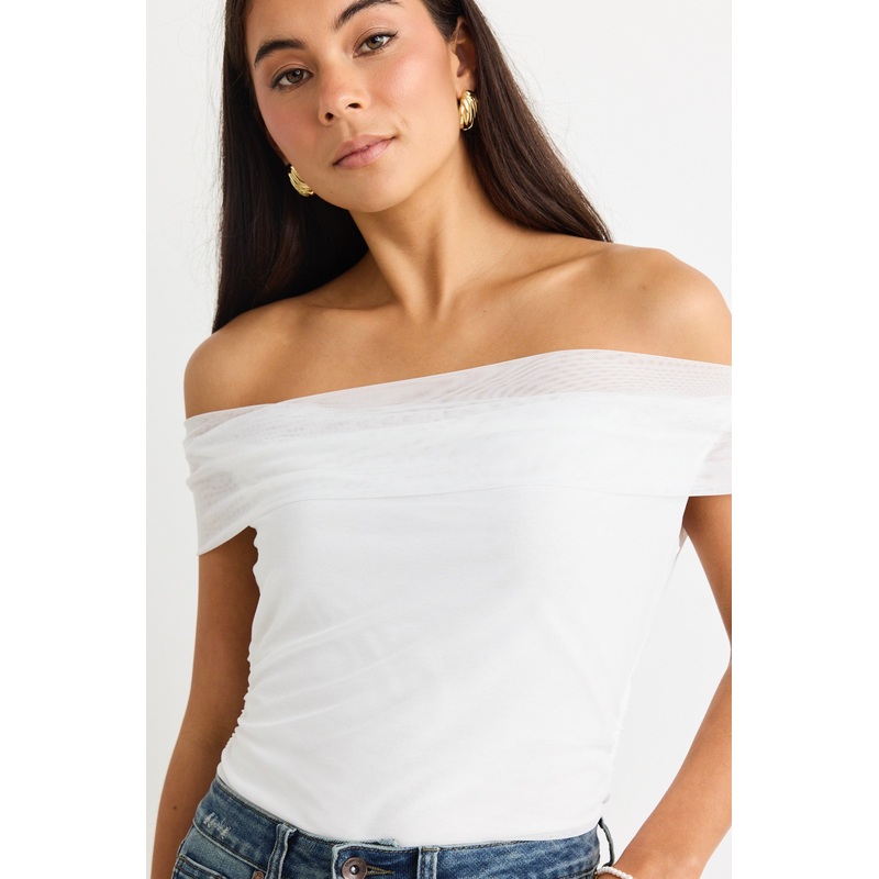 Nightlife Ivory Mesh Off Shoulder Sleeveless Top
