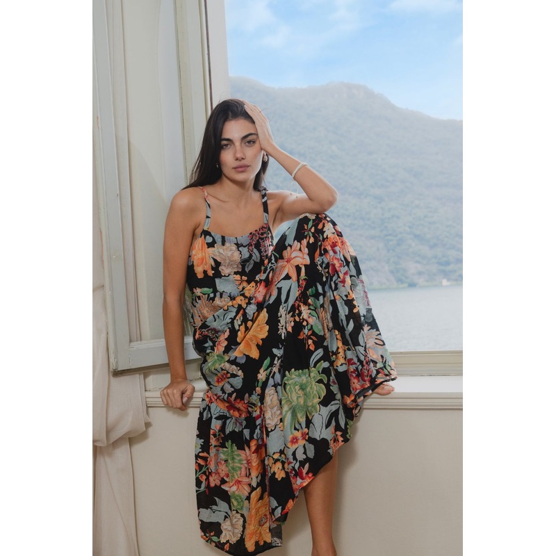 Nimbus Tropical Black Strappy Tiered Maxi Dress