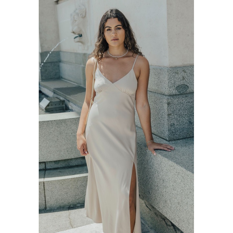 Otherworldly Latte Satin Bias Slip Dress