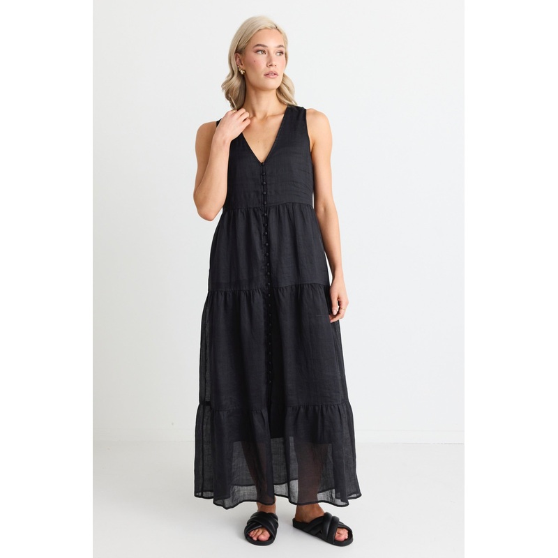 Pacific Black Cotton Voile Sleeveless Button Front Tiered Maxi Dress