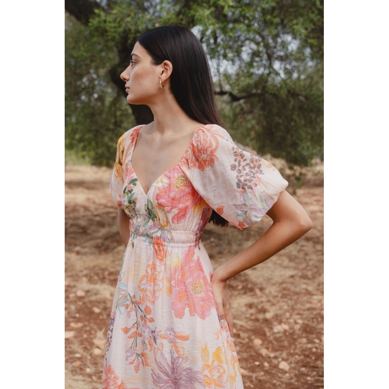Posy Peach Floral Sweetheart Puff Sleeve Midi Dress