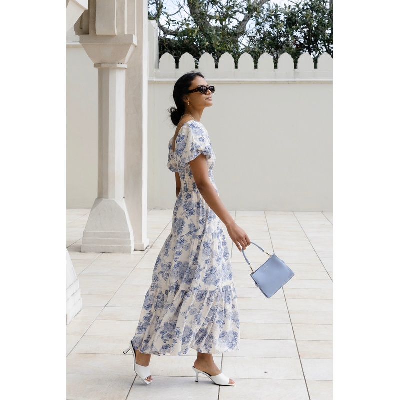 Raven Blue Floral Puff Sleeve Tiered Maxi Dress