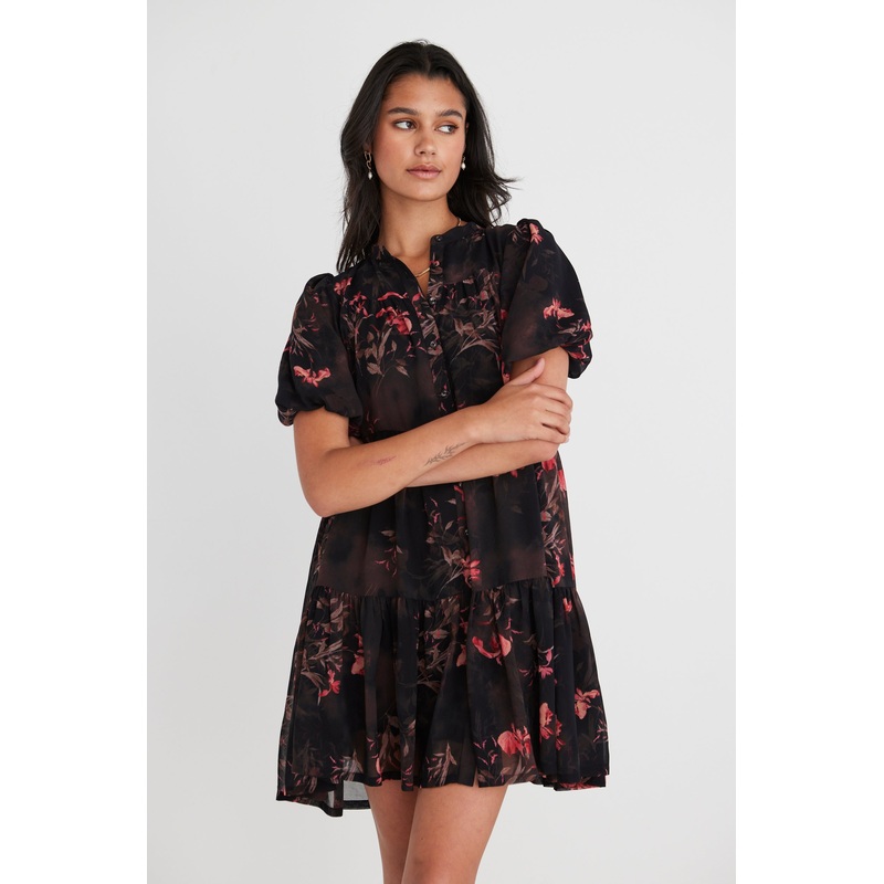 Ravine Black Orchid SS Shirt Style Tiered Mini Dress