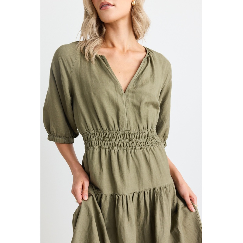 Retreat Soft Khaki Linen Blend SS Tiered Maxi Dress
